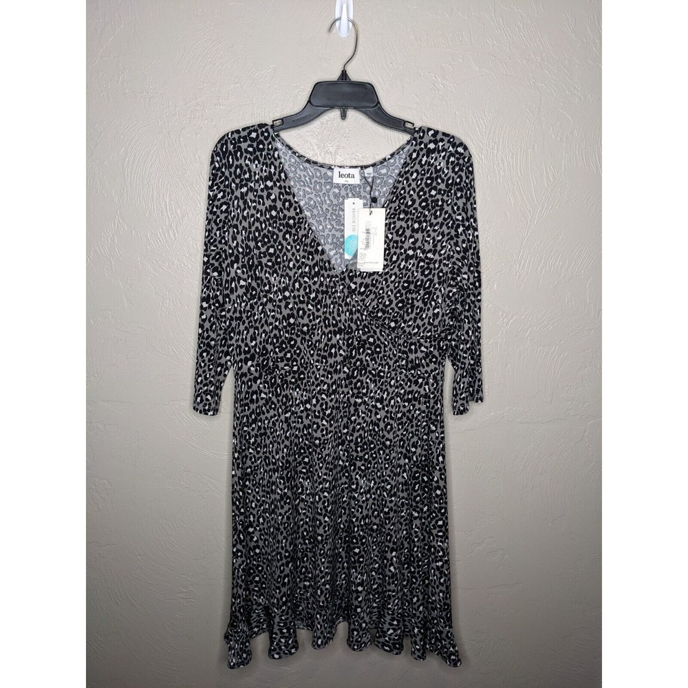 Leota SF Libby Womens Petite XLarge Black Gray Animal Print Faux Wrap Knit Dress